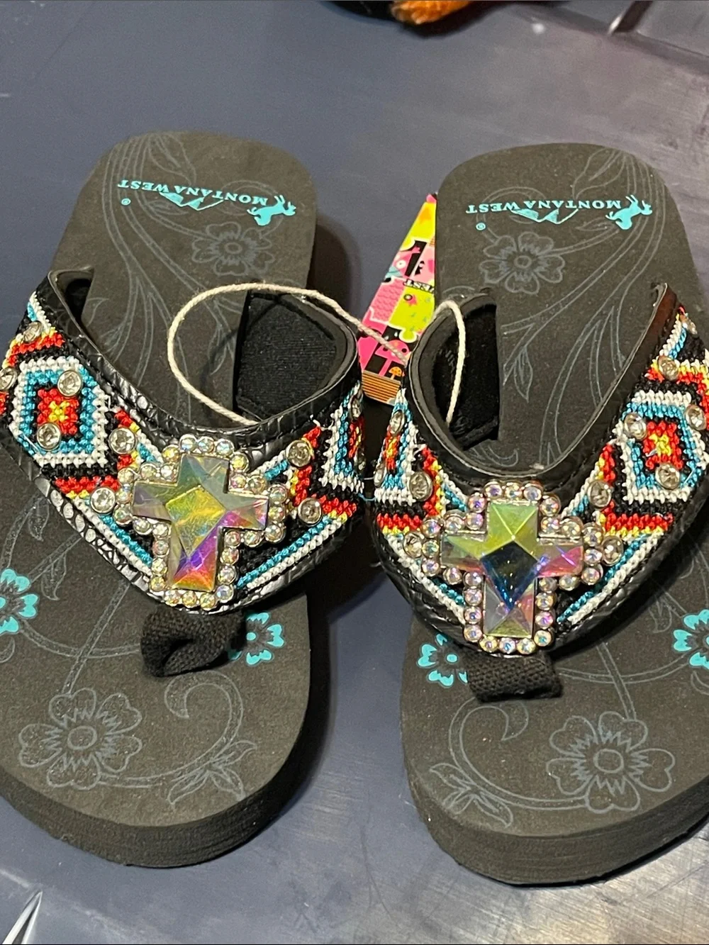 Girls Black Beaded Flip Flops with Star Gem Accent size S 10-11